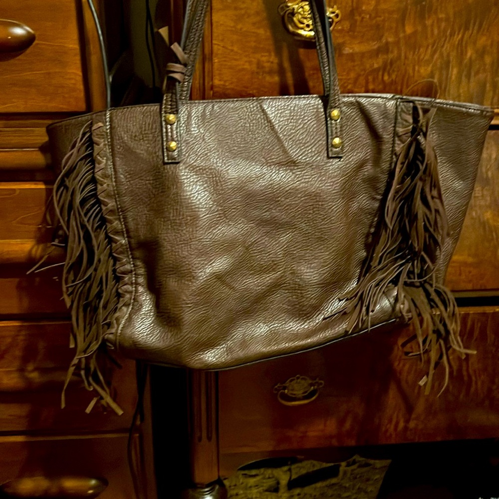 Brown faux leather Jessica Simpson fringe tote.
